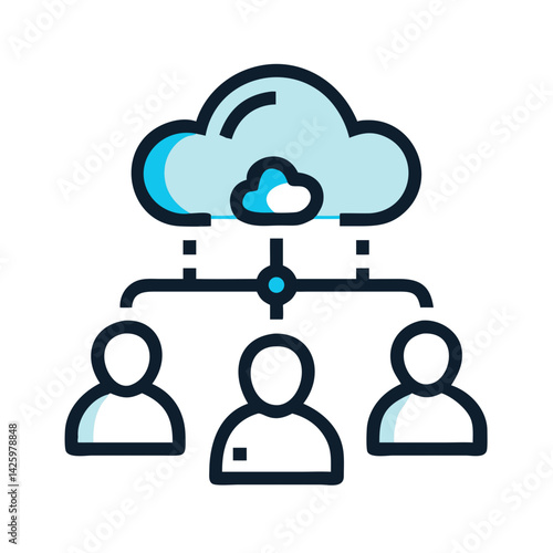 Team Connected to Cloud Icon Representing Collaborative Work and Cloud Technology