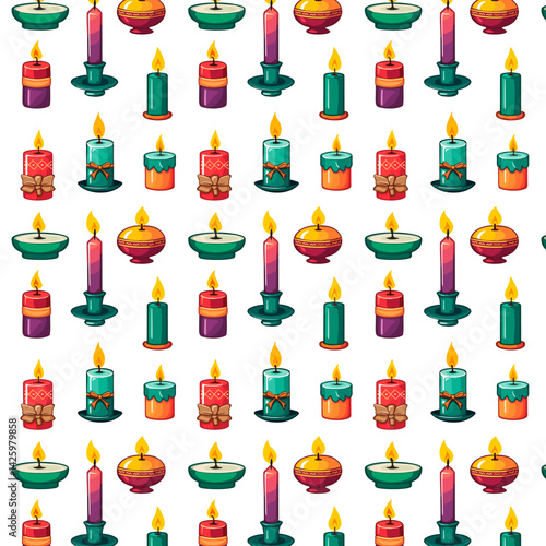 Pattern of multi-colored candles.Multicolored candles on a white background in a vector seamless pattern.