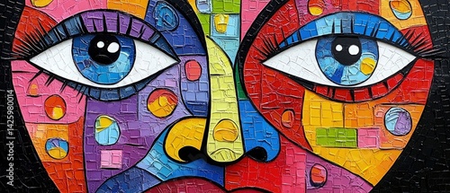 Colorful abstract face with large blue eyes and geometric patterns.