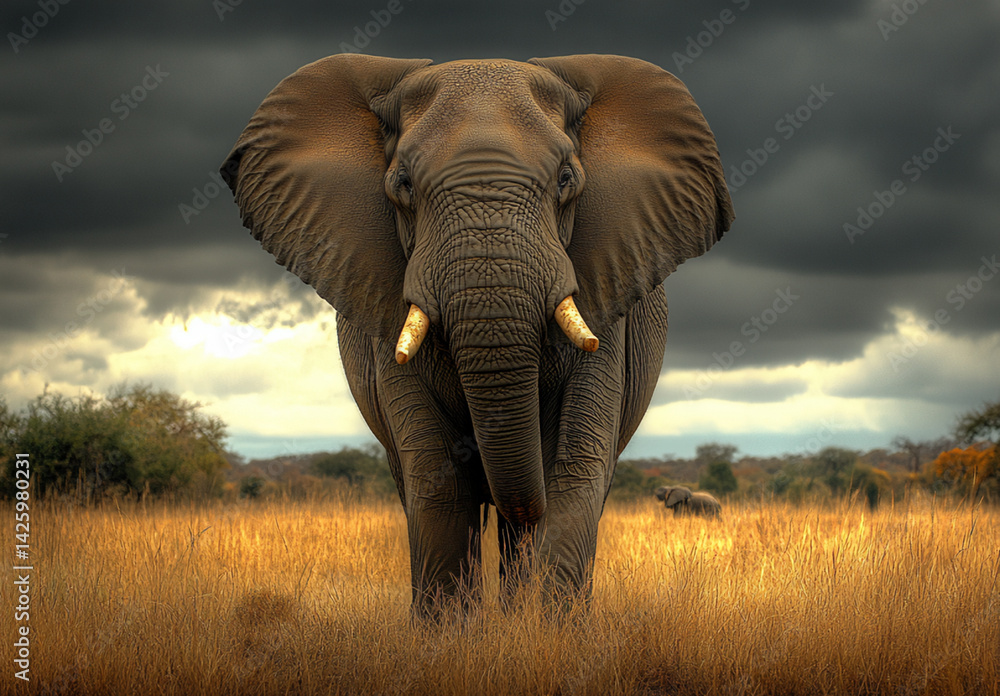 Fototapeta premium Majestic African Elephant in Tall Grass Under a Dramatic Stormy Sky