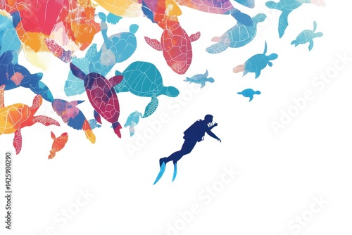Colorful Underwater Scene with Diver and Swimming Sea Turtles