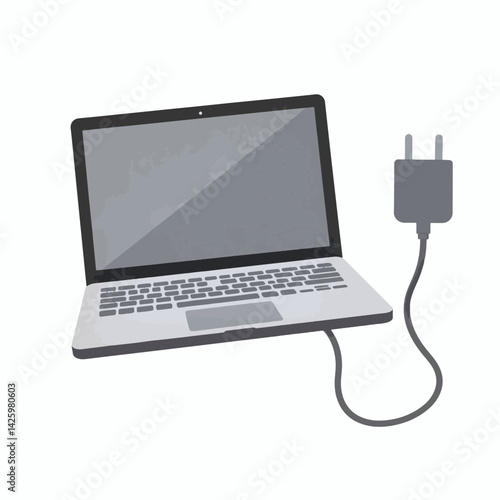 Sleek laptop and charger on white background, minimalist design