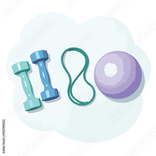 Elderly-friendly exercise equipment set on white surface, fitness concept