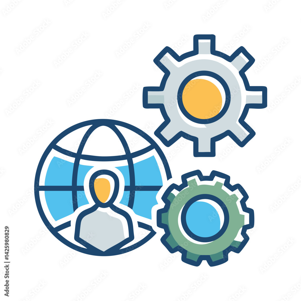 User with Gear and Globe Icon Representing Global Technical Support and Network Management User with Gear and Globe Icon Representing Global Technical Support and Network Management