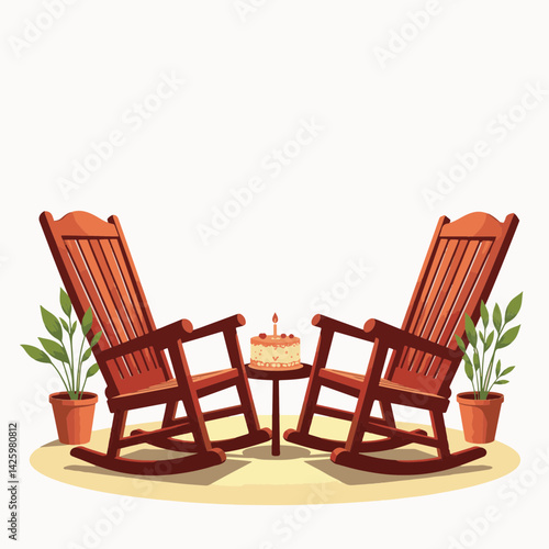 Elegant rocking chairs with birthday cake on sunny porch, companionship