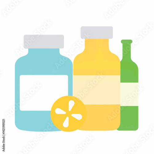 Colorful medicine bottles arranged on white background, health symbolism