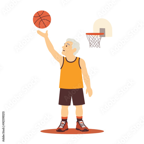 Elderly man shooting basketball, playful activity and vitality