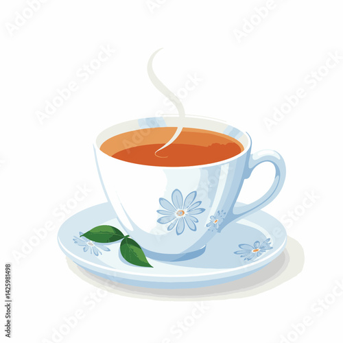 Delicate porcelain teacup with steam and tea, cozy elegance