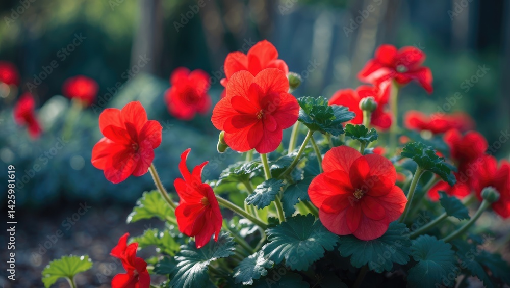 Fototapeta premium Vibrant red begonia semperflorens blooming in a lush outdoor garden with a soft natural background