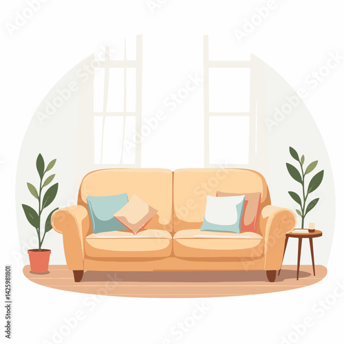 Cozy living room with beige sofa and plants, family warmth