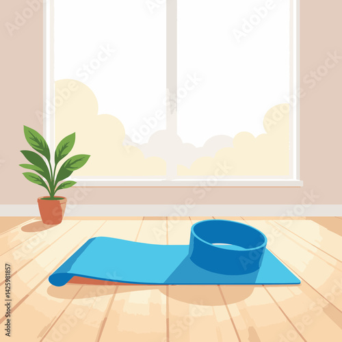 Bright blue exercise band in minimalist room, wellness concept