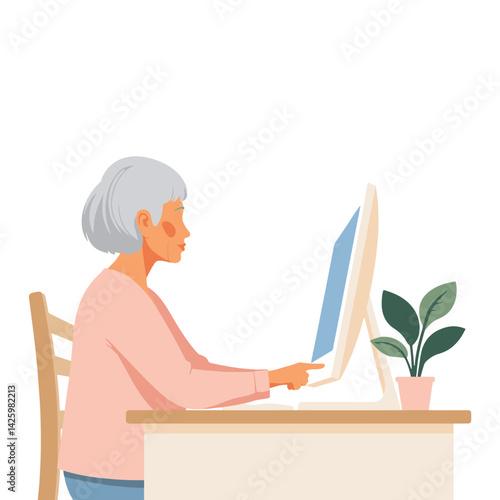 Elderly woman pointing at computer screen, digital connection