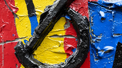 in vibrant contrasting colors like blue, red, and yellow, overlapping with abstract paint splashes 