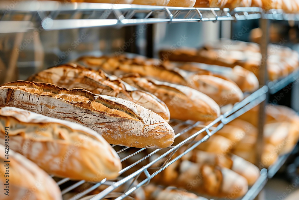 Fresh baked bread on racks in bakery. Generative AI