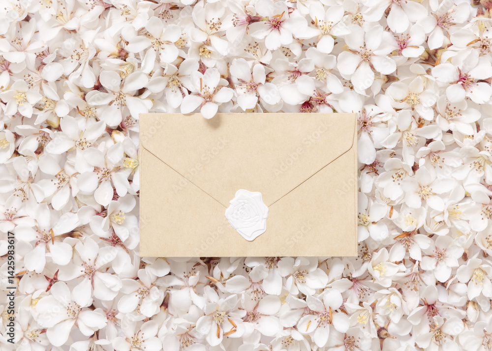 Blank kraft paper sealed envelope over white cherry flowers top view, spring wedding mockup