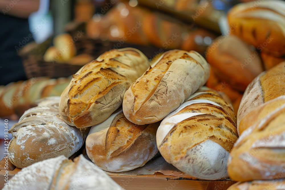 Tasty fresh baked bread on racks in bakery. Generative AI