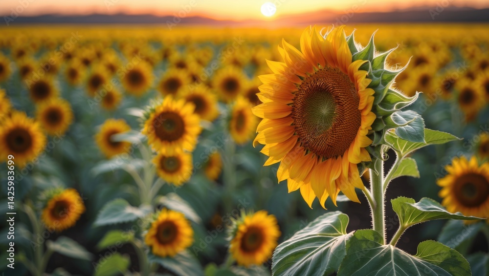 Fototapeta premium Close-up of a bright sunflower in full bloom against a natural abstract background with a field of sunflowers in warm light