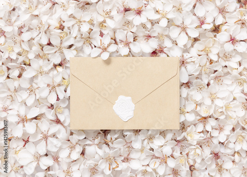 Obraz na płótnie Blank kraft paper sealed envelope over white cherry flowers top view, spring wedding mockup w salonie