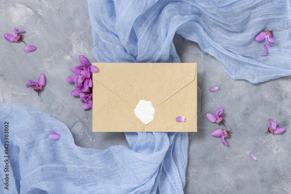 Sealed envelope on fabric near wild purple flowers top view on gray, spring wedding mockup