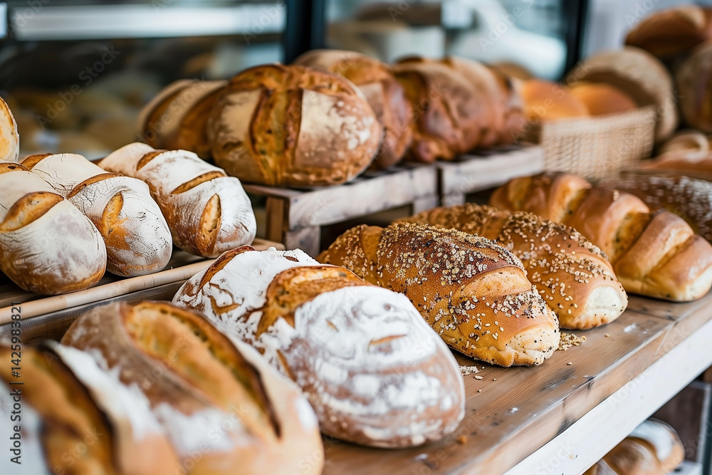Crispy fresh bread on counter in bakery store. Generative AI