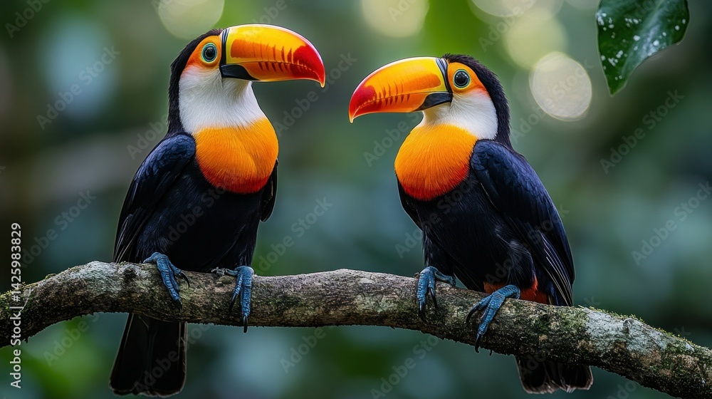 Obraz premium Two toucans perched on a branch in a lush forest (1)