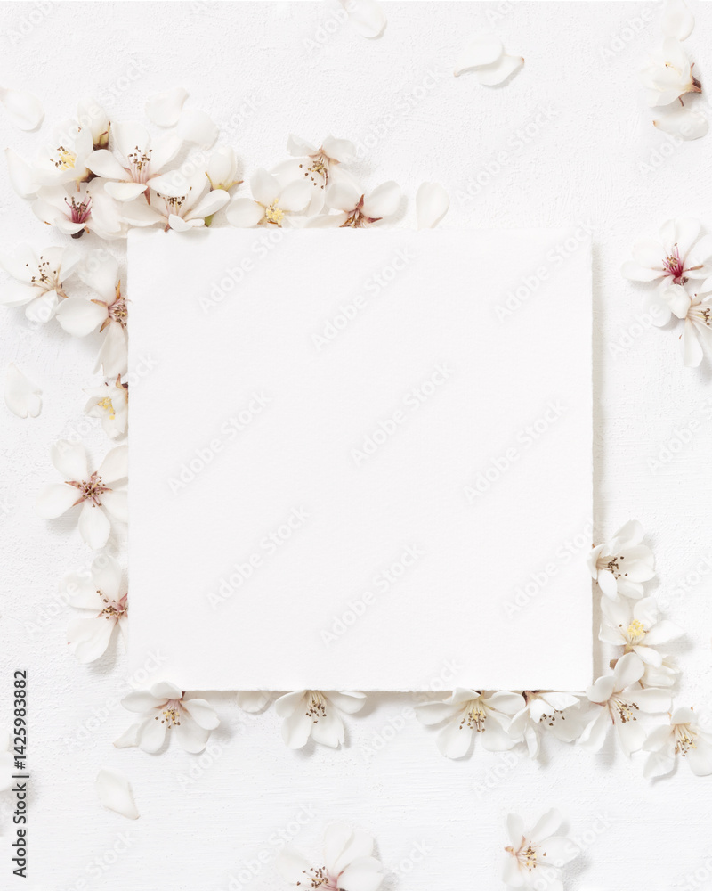 Blank square paper card near white cherry flowers top view, spring wedding mockup