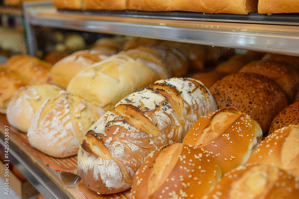 Crispy fresh bread on counter in bakery store. Generative AI