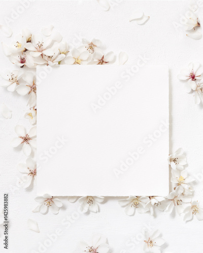 Obraz na płótnie Blank square paper card near white cherry flowers top view, spring wedding mockup w salonie