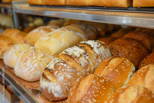 Obraz na płótnie Crispy fresh bread on counter in bakery store. Generative AI w salonie
