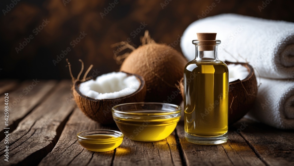 Cosmetic oil and bowl with bath towel on warm wooden background Cosmetic oil and bowl with bath towel on warm wooden background