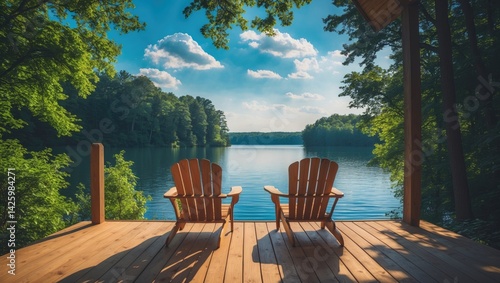 Fototapeta Naklejka Na Ścianę i Meble -  Adirondack chairs on a wooden cottage deck overlooking a peaceful lake on a summer day