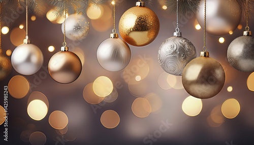 Luminous Gold and Silver Christmas Ornaments against a Blurred, Starry Backdrop, Creating an Enchanting Scene for the Holiday Season.
