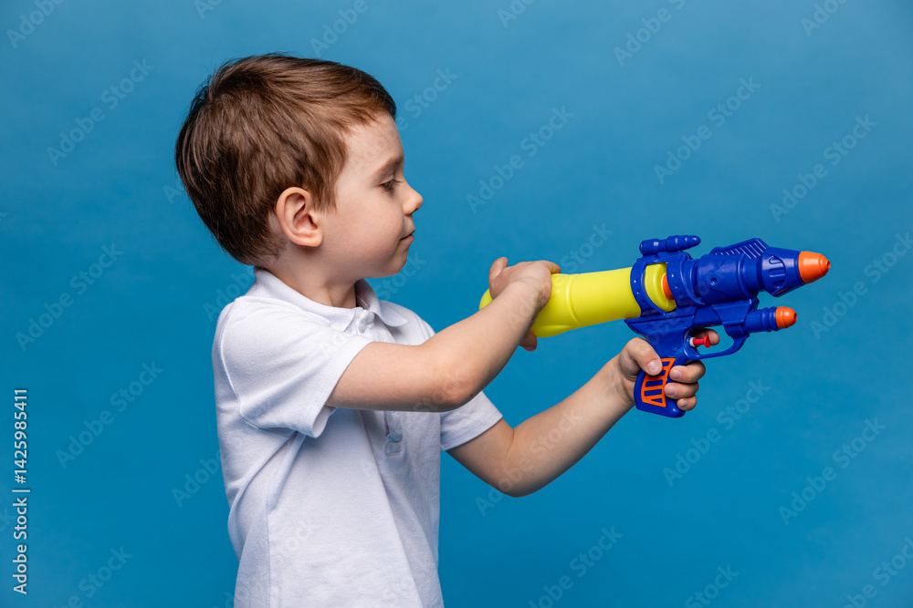 Laughing child boy playing with water gun toy on blue background. Pool toys and water fun for family with children. Summer vacation with kids. Active outdoor sport for preschooler