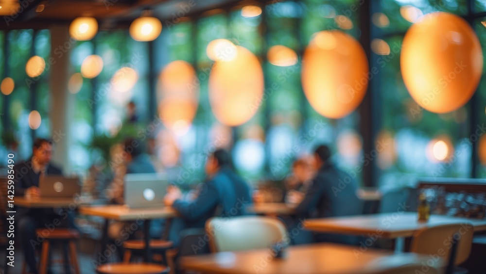 Bokeh effect in a restaurant interior with blurred hall and seating