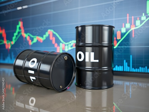 Oil Barrels and Stock Market Graph Showing Crude Oil Prices