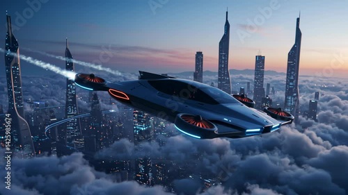 Futuristic flying car soaring above modern skyscrapers  