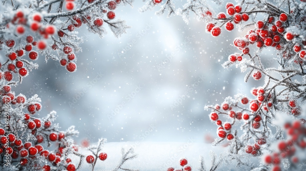 Snow-covered board frame framed by branches with red berries covered in frost Snow-covered board frame framed by branches with red berries covered in frost
