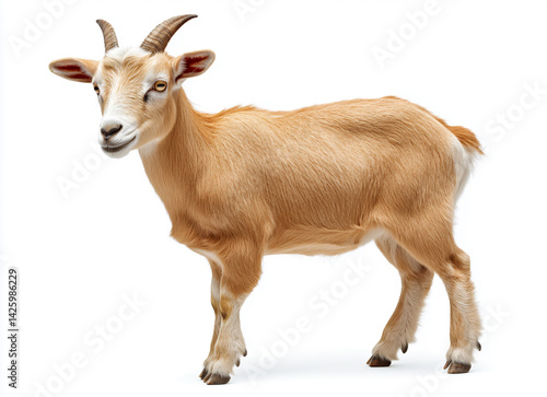 Adorable Light Brown Goat Standing Isolated on White Background