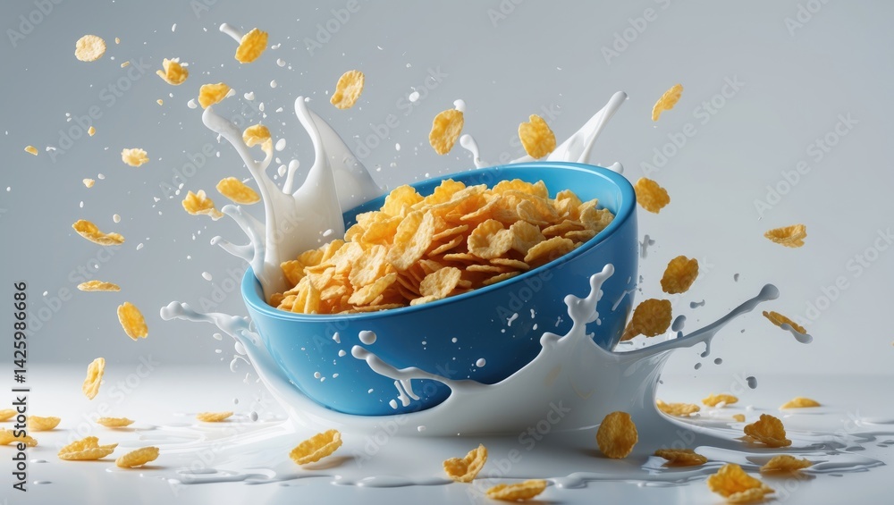 Bowl of corn flakes with milk splash on a plain background, nutritious cereal breakfast