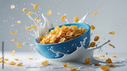Obraz na płótnie Bowl of corn flakes with milk splash on a plain background, nutritious cereal breakfast w salonie