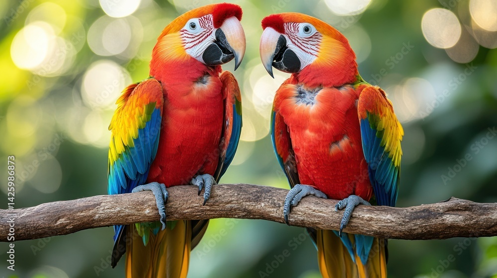 Obraz premium Two vibrant parrots on a branch