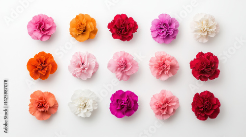 Colorful flowers arranged in neat layout, showcasing variety of carnations in shades of orange, pink, red, and white. vibrant colors create cheerful and lively atmosphere