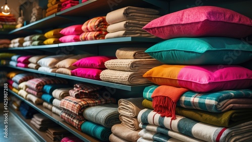 Vivid pillows, towels, plaids, blankets, and other home accessories arranged on shelves