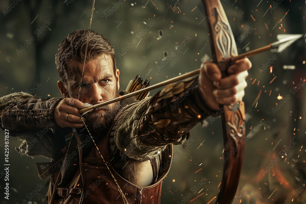 Man archer aiming on blurred background. Generative AI