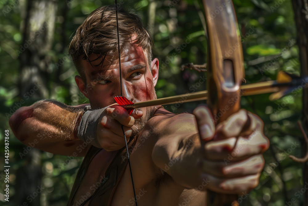 Man archer aiming on blurred background. Generative AI