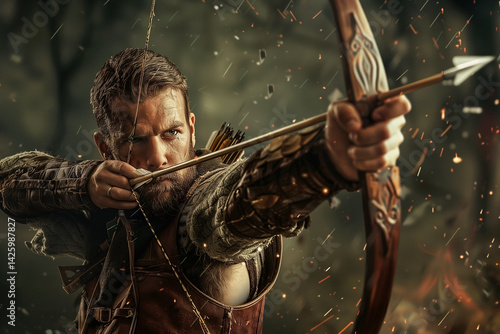Man archer aiming on blurred background. Generative AI