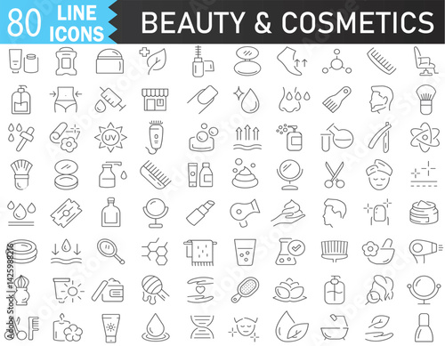 Beauty and cosmetics vector line icons set. Cosmetics, Beauty, Skincare, Makeup, Perfume, Fragrance, Hair.  Editable Vector stroke pictograms. illustration EPS10