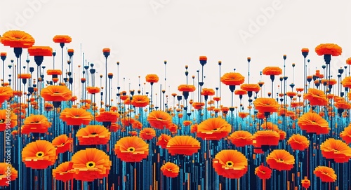 orange flowers digital glitch pixel abstract pattern art design on plain white background illustration