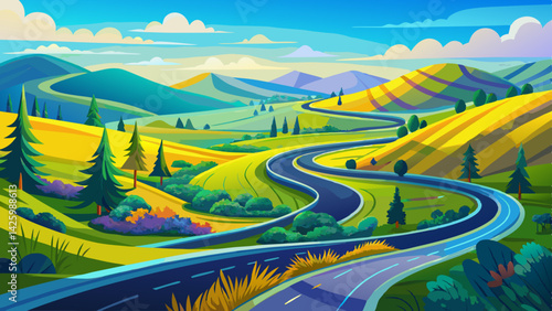 Winding Mountain Road Through Scenic Valley – Nature Landscape with Rocky Peaks and Forest Views