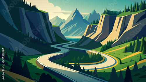 Winding Mountain Road Through Scenic Valley – Nature Landscape with Rocky Peaks and Forest Views